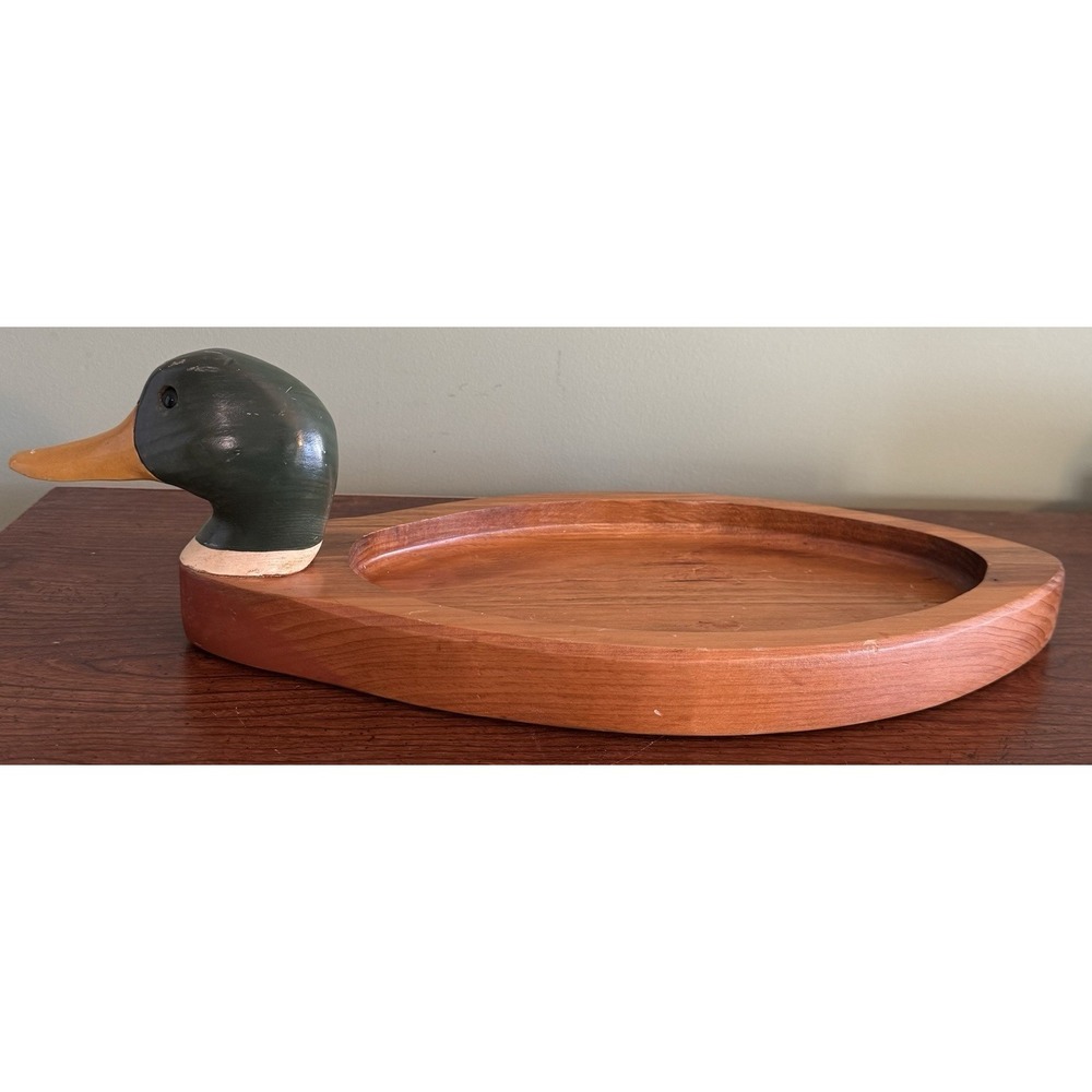 Vintage HandCarved & Painted Wooden Mallard Duck Decoy Catchall Tray Bowl 19.5"‎